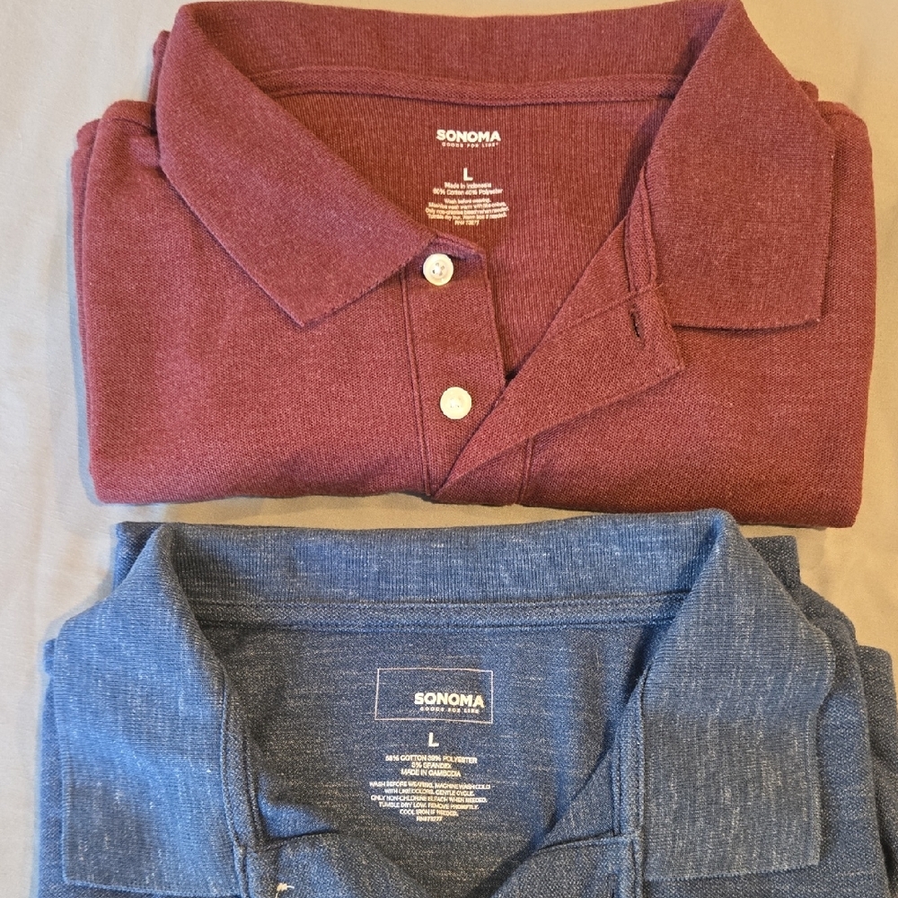 2 Sonoma Polo Shirts - Maroon and Heathered Blue